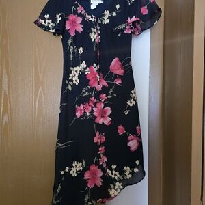 CDC Asymmetrical Dress with Pink Floral Design